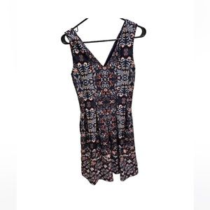 Vince Camuto Pleated Navy Fit and Flare Dress with Floral Print | Blue/Pink